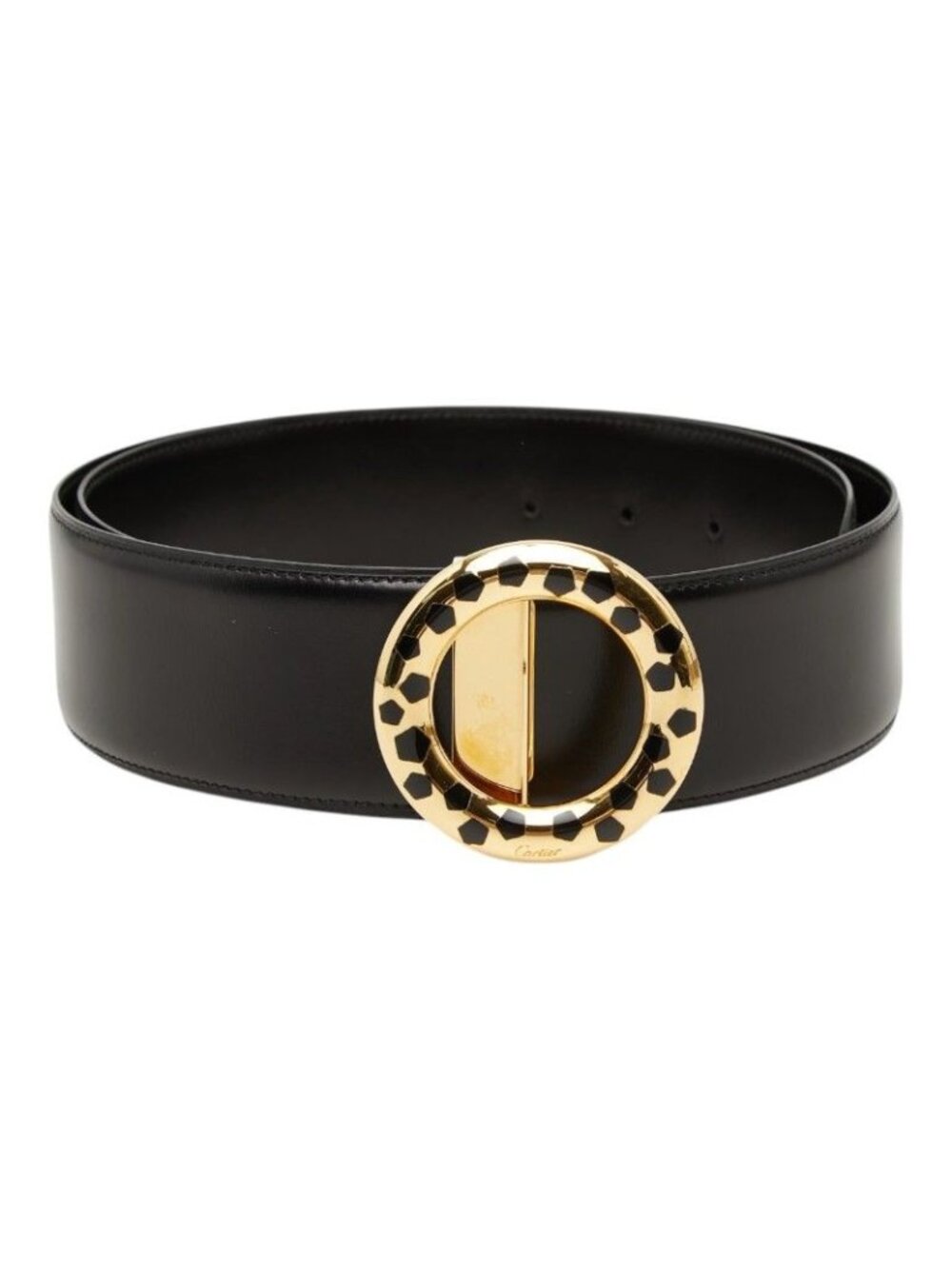 Cartier Panthere Round Buckle Belt Black Gold Leather
